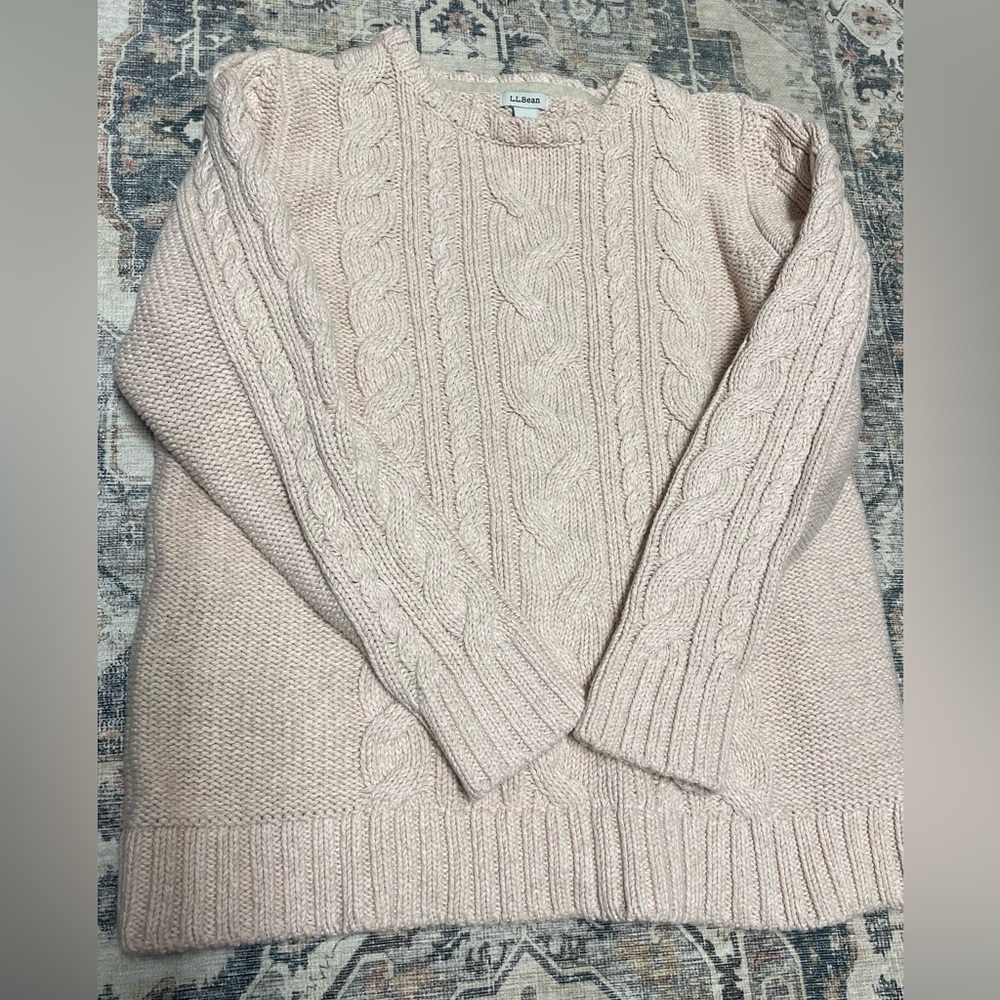 LL Bean Woman’s Light Rose Cotton Cable Knit Sweater Size L